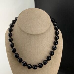 Vintage Estate Faceted Glass Necklace Black Beaded Push Lock 17in